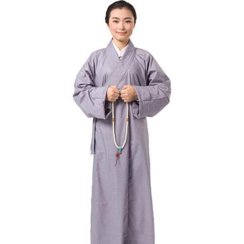 Unisex Grey Long Robe Monk Costume Buddhism Gown Lay Uniform Martial Art Clothing