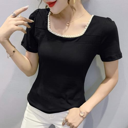 Summer European Style Cotton T-Shirt Solid Fashion Sexy Square Neck Shiny Beading Women Tops Short Sleeve All Match Tees T16202A