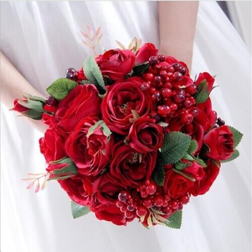 Crystal Bridal Bouquet Vintage Artificial Silk Flowers Red Roses Wedding Bouquets for Brides fausse fleur Accessories