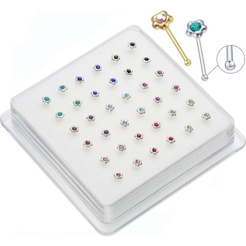 Pack of 36Pcs 925 Sterling Silver Tiny Flower Mix Colors Nose Ring Stud Pin Nose Piercing Jewelry Piercing Nariz Aroglla Plata