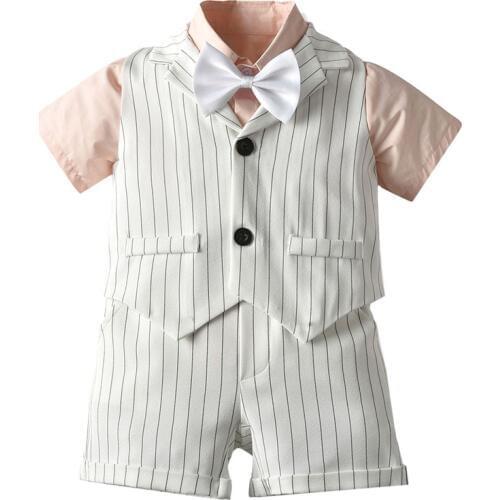 Kids Boys Summer Vest+Shorts+Tie Shirt 3PCS Clothing Set Gentleman Wedding Dress Children Stripe Party Formal Wear Suit