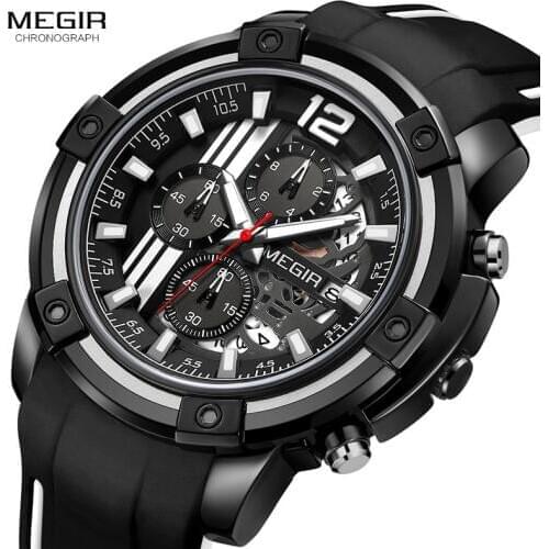 Megir Mens Sports Quartz Watches Silicone Strap Army Chronograph 3atm Waterproof Wristwatch for Man Clock Relogios 2097 Black