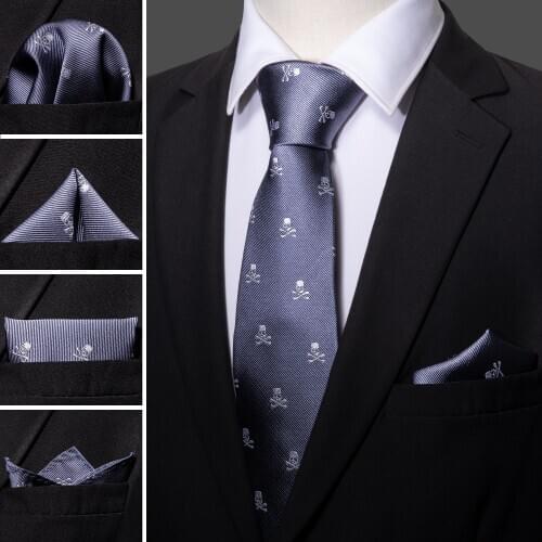 Fashion Designer Blue Skull Men Tie Set 8.5cm Silk Handkerchief Ties For Men Gift Wedding Business Barry.Wang Gravata Necktie