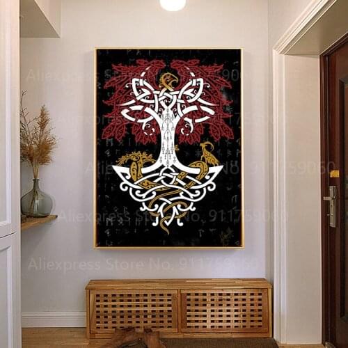 Yggdrasil and Creatures Wall Art Canvas Painting Tree Posters and Prints Abstract Home Decoration Wall Pictures for Living Room