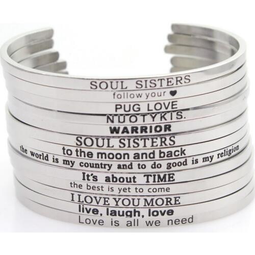 Stainless Steel 10pcs Mix Random Bangle Engraved Positive Inspirational Quote Hand Stamped Cuff Mantra Bracelet For Men Women