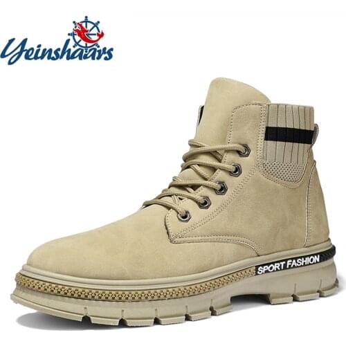 YEINSHAARS New Mens Ankle Shoes Boots Fashion Trend Outdoor Designer Martin Boots Men Soft Gray Lace Up Casual Work Shoes Male