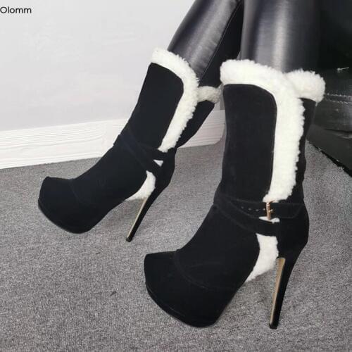 Olomm Women Platform Snow Ankle Boots Sexy Stiletto High Heels Boots Round Toe Elegant Black Daily Shoes Women Plus US Size 5-15