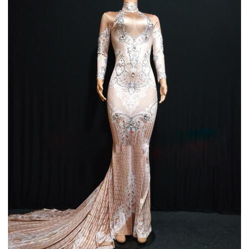 Silver Crystals Dress Long Mermaid Skirt Women Evening Costume Prom Celebrate Big Tail Dresses Women Party Wear Dress DWY1374