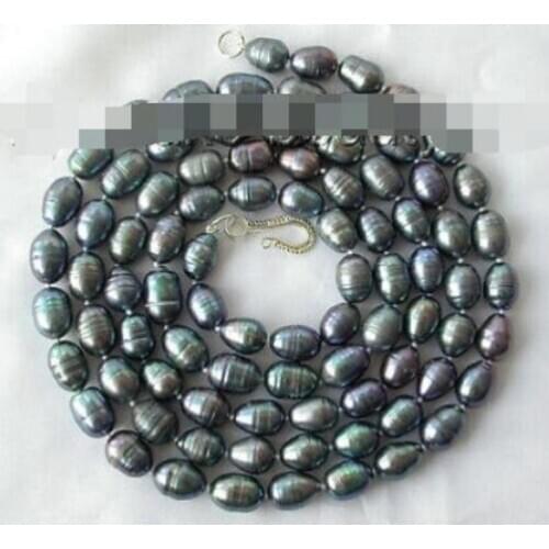 Stunning long 50"9mm baroque black freshwater cultured pearl necklace s675