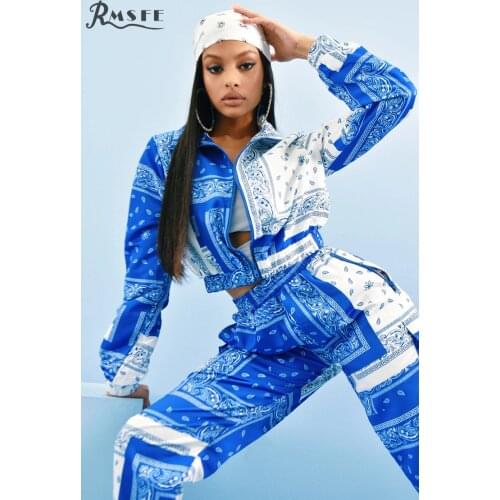 RMSFE 2021 European And American Womens Long Sleeve Lapel Zipper Casual Fashion Printing Loose Two-Piece Set