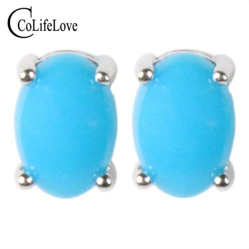 CoLife Jewelry 6*8mm Natural Turquoise Stud Earrings for Daily Wear 925 Silver Turquoise Earring Simple Gemstone Earrings