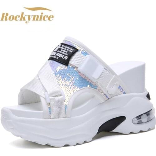 New Summer Bling Flip Flops Women 10CM Heels Wedge Sandals Peep Toe Ladies Hollow Out Slides High Platform Beach Flip-Flop Woman