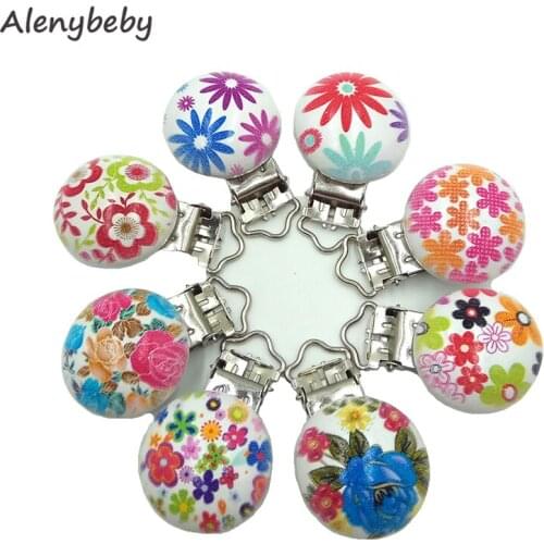 Random mix Baby Pacifier Clip teether Flower Pattern Wooden With Metal Soother Holders For DIY Teething Craft Dummy Clip Holder