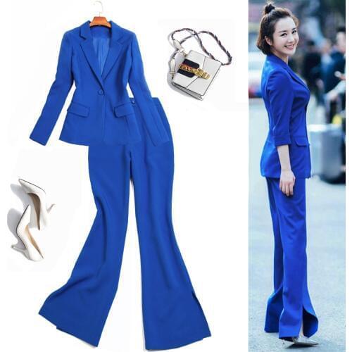 Spring and Autumn High Quality New Womens Professional Set OL One Buckle Slim Suit High Waist Opened Flare Pants