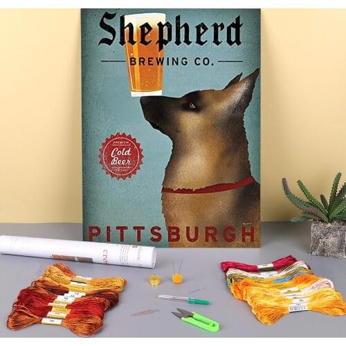 Animal German Shepherd Printed Water-Soluble Canvas 11CT Cross Stitch Patterns DIY Embroidery DMC Threads Handicraft Gift