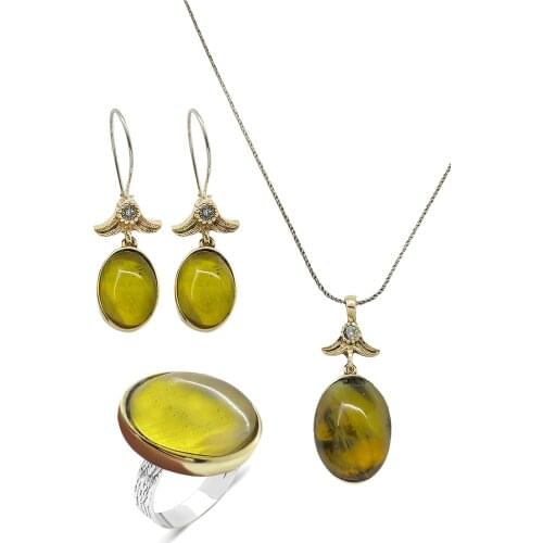 Yellow Amber Squeezing Cubic Zirconia Silver Women 'S Triple Authentic Set Jewelry Adjustable Ring Midyat Silver