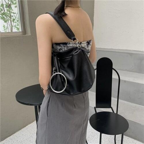 Women summer novelty design black white bucket shoulder bag for female pu leather metal circle under arm small bag