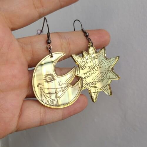Golden Mirror Smiley Moon Sun Acrylic Earrings