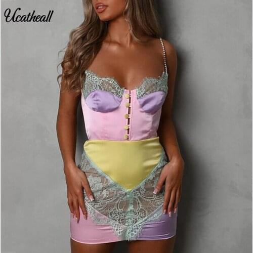 Hollow Out Satin Dress Women Fashion Sleeveless High Waist Design Chic Lady Elegant Sexy Crochet Lace Dresses Female Robe