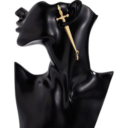 1PC Gothic sword earrings long sword handle Earrings fashionable cool hip-hop red water drop dagger Shape Earrings For Women