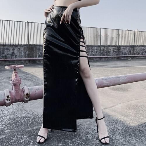 Black PU Hollow Out Both Side Slit Sexy Gothic Skirt Cool Womens Skirts New Arrival 2020 Nightclub Party Wear Steampunk Clothing