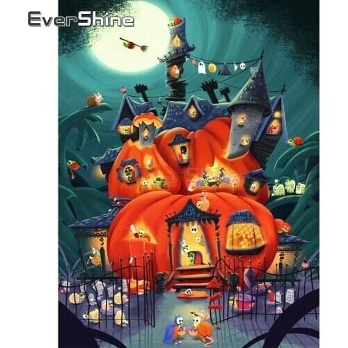 EverShine 5D DIY Ful Square Paint With Diamond Halloween Picture Rhinestones Pumpkin House Cross Stitch Wall Decor Bead Art