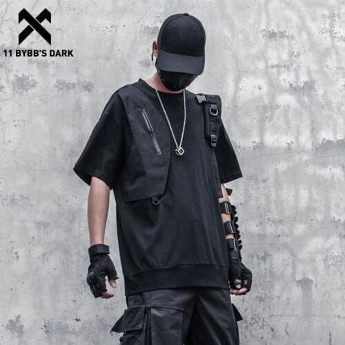11 BYBBS DARK Zipper Patchwork Hip Hop T-Shirt Men 2021 Streetwear Cotton Loose Short Sleeve Shirts Functional Harajuku Tshirts