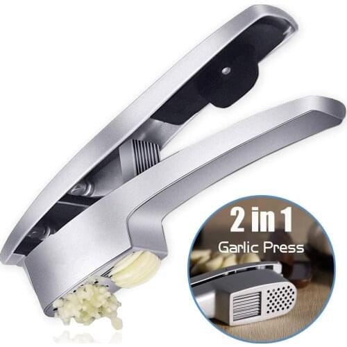 Dual Function Garlic Mincer & Slicer - Heavy Duty Easy Squeeze Garlic Crusher with Cleaning Brush & Silicone Garlic Tube Peeler