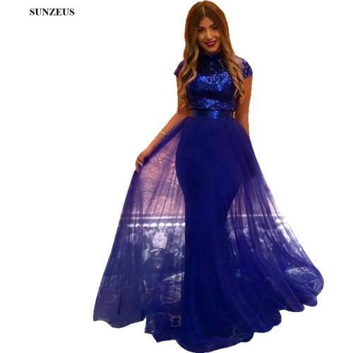 Sequin Lace Evening Dresses High Neck Cap Sleeves Sheath Long Royal Blue Formal Gowns Elegant Women Party Dress