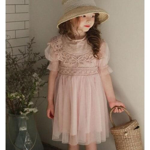 2021 summer new mesh princess dress children Korea style short sleeve dress baby girl lace sweet dress kids clothing wz107