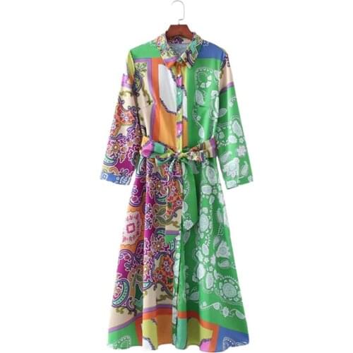 Klkxmyt Summer Za Dress Women 2021 Fashion With Belt Print Midi Shirt Dress Vintage Casual Button-up Female Dresses Vestidos