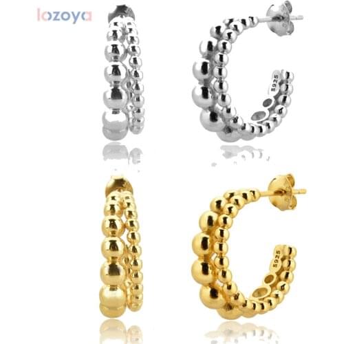 LOZOYA 100% 925 Sterling Large Piercing Large Silver Gold 19mm Beads Two Circle Hoops Round Loop Thick Pendiente Jewelry
