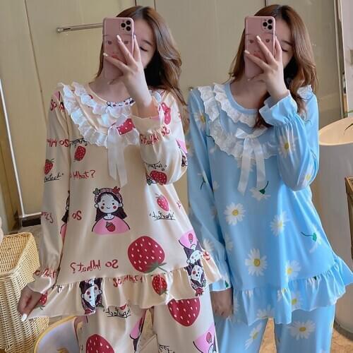 Sweet Lace Princess Long Sleeve Pajama Sets for Women 2020 Autumn Print Sleepwear Suit Pyjama Homewear Pijama Mujer Home Clothes