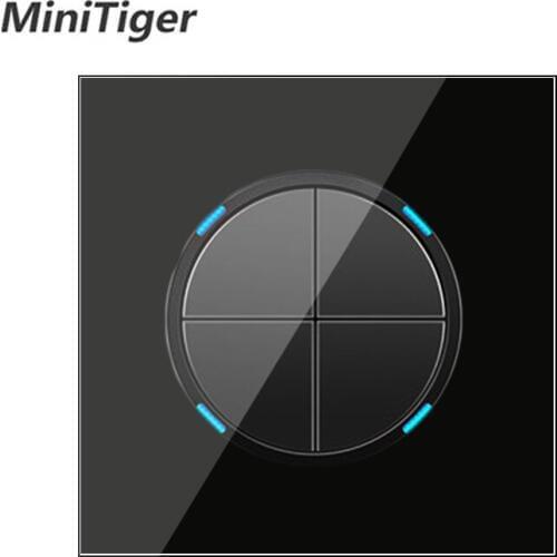 Minitiger 4 Gang 1 Way Random Click On / Off Wall Light Switch With LED Indicator Knight Black Crystal Tempered Glass Panel