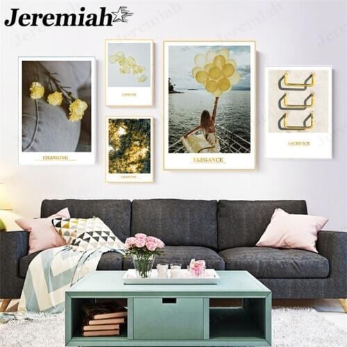 Modern Journey Landscape Canvas Poster Yellow Series Girl Balloon Petal Painting Wall Art Nordic Aesthetic Home Room Decoration