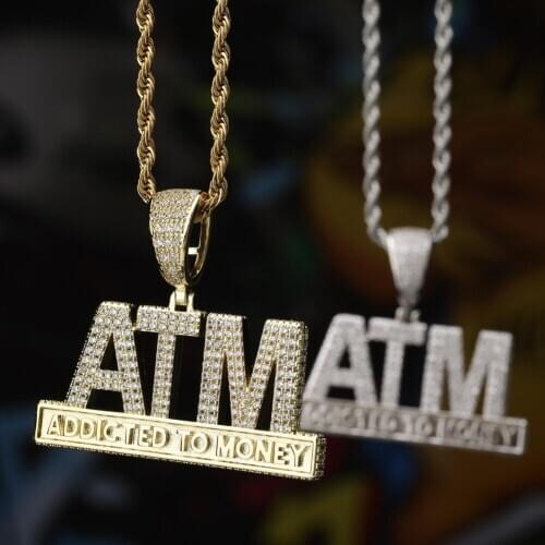 DNSCHIC Iced Out ATM Addicted to Money Pendant Hip Hop Pendant With CZ Zircon Necklace For Men Women Rapper Hip Hop Jewelry