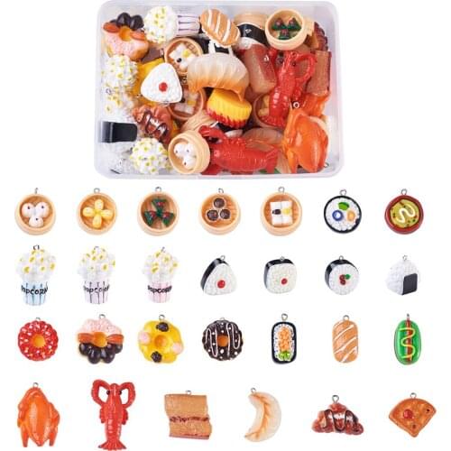 Resin Pendants, with Platinum Plated Iron Loops, Imitation Food, Mixed Shapes, Mixed Color, 27x23x8mm, Hole: 2mm, 52pcs/box