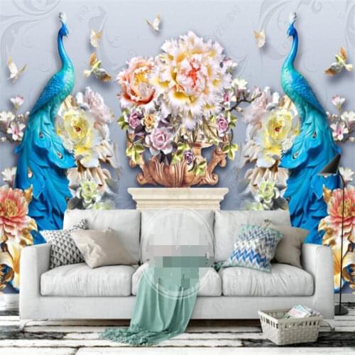Custom Size Modern 3D Embossed Peacock Photo Wall Papers Home Decor Mural Bedroom Decor Self-adhesive Wallpaper Papel Pared