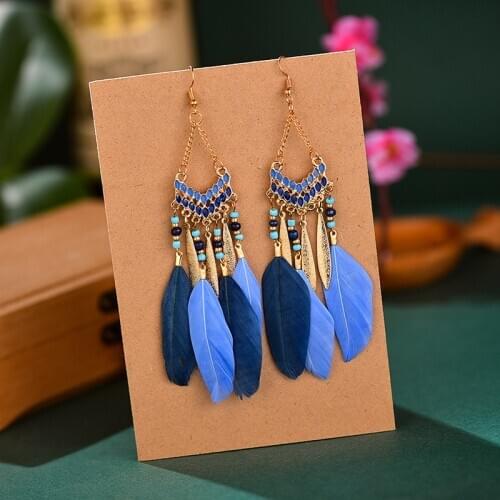 Boho Feather Pendant Earrings for Woman Bohemian Long Tassel Beads Earrings Exaggerated Fashion Banquet Party Jewelry Gift Gilrs
