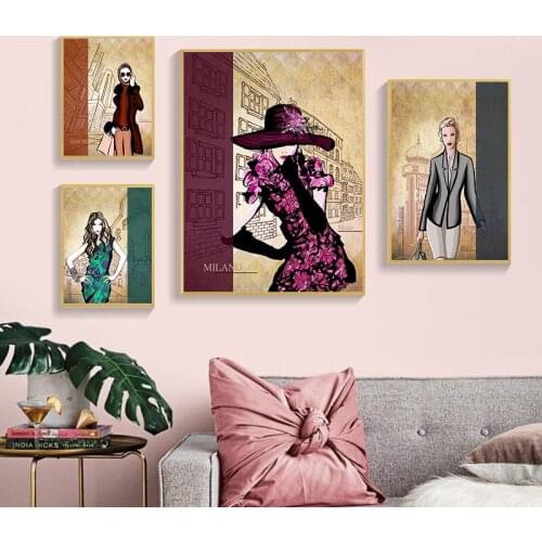 Vintage Fashion Cartoon Model New York Paris London Milano Nordic Wall Art Picture Girl Poster Prints Canvas Painting Home Decor