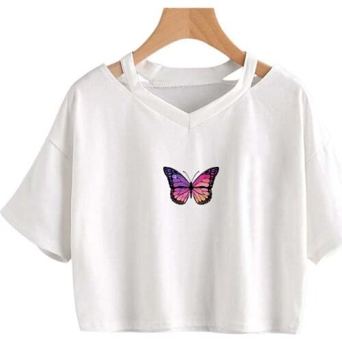 Women Tee Vintage Reflective Butterfly Floral T-shirt 2021 All-match Shirt Punk Gothic Crop tops Summer short sleeve Short Tops