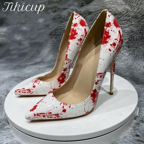 Tikicup Artistic Print Women White Patent Pointy Toe High Heels 8cm 10cm 12cm Ladies Designer Dress Shoes Slip On Stiletto Pumps