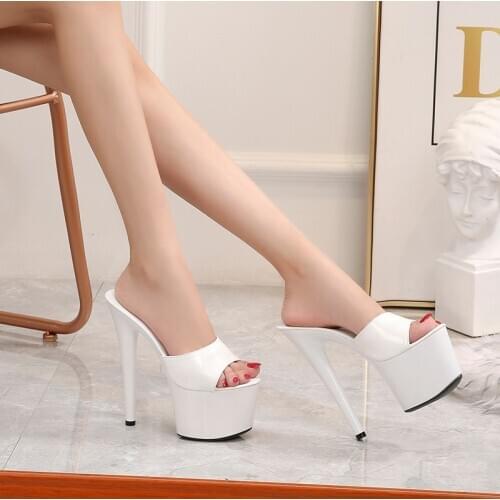 Large Size Female Slippers Outside PU Patent Leather Platform Super High Heels 17cm Thin Heel Solid Womens Shoes 2020 New Come