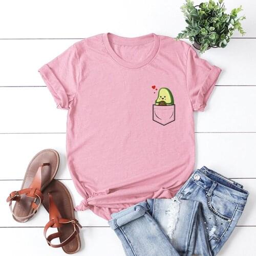 Women 100%Cotton Tops Funny Love Pocket Avocado Print T-Shirt Women T Shirt O Neck Short Sleeve Summer Graphic Tshirts Women