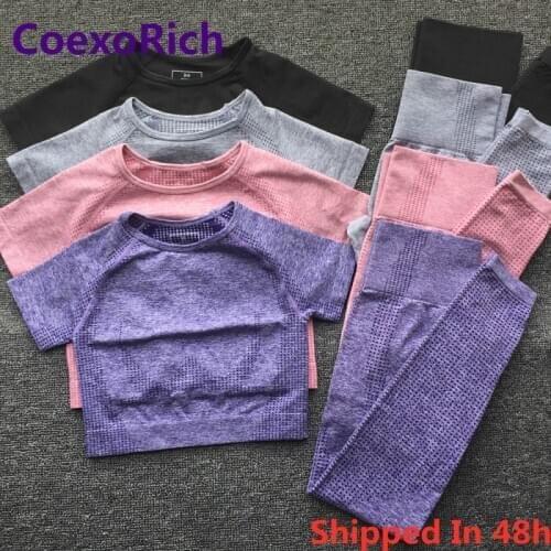 Women Yoga Set 2 Piece Vital Seamless Sport Suit Gym Clothes Short Sleeve Fitness Crop Top Shirt Running High Waist Leggings