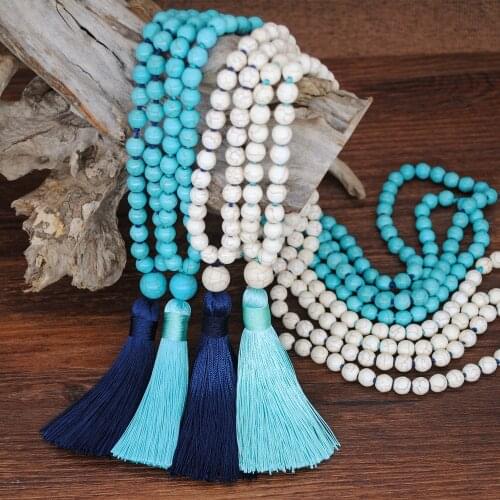 Luxury Natural Turquoises Beads Knotted Long Tassel Necklaces for Women Blue Stone Statement Choker Necklace Boho Chain Jewelry