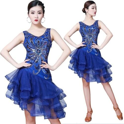 New Style Womens Latin Salsa Dance Sequin Dress Bead Embroidery Dresses Girls Cha Ballroom Competition Costume 2021