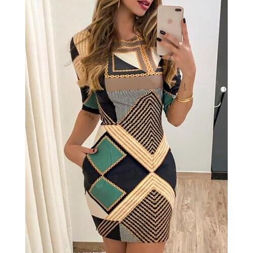 Lady Zevity Geo Chain Print Cropped Sleeve Knit Elegant Mini Bodycon Dresses Sexy Slim Fit Short Tight Outfits For Women Casual