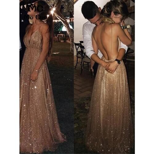 Princess Paillette Evening Dresses Long Backless V-neck Floor Length Sequined Vestido Longo Formal Evening Party Dress for Women