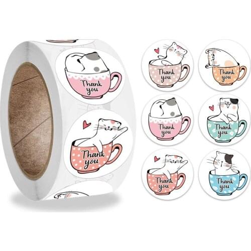 100-500pcs Kawaii Cat Thank You Stickers Round Cartoon Animal Adhesive seal Labels for Greeting Cards Gift Decoration Stationery